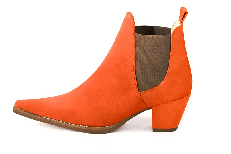 Clementine orange and taupe brown women's ankle boots, with elastics. Pointed toe. Medium cone heels. Profile view - Florence KOOIJMAN